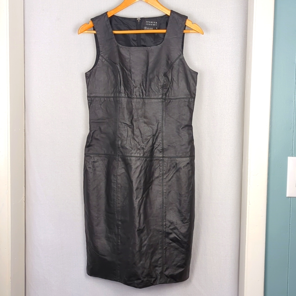 SPENSER JEREMY Black Lamb Leather Sheath Dress Sleeveless